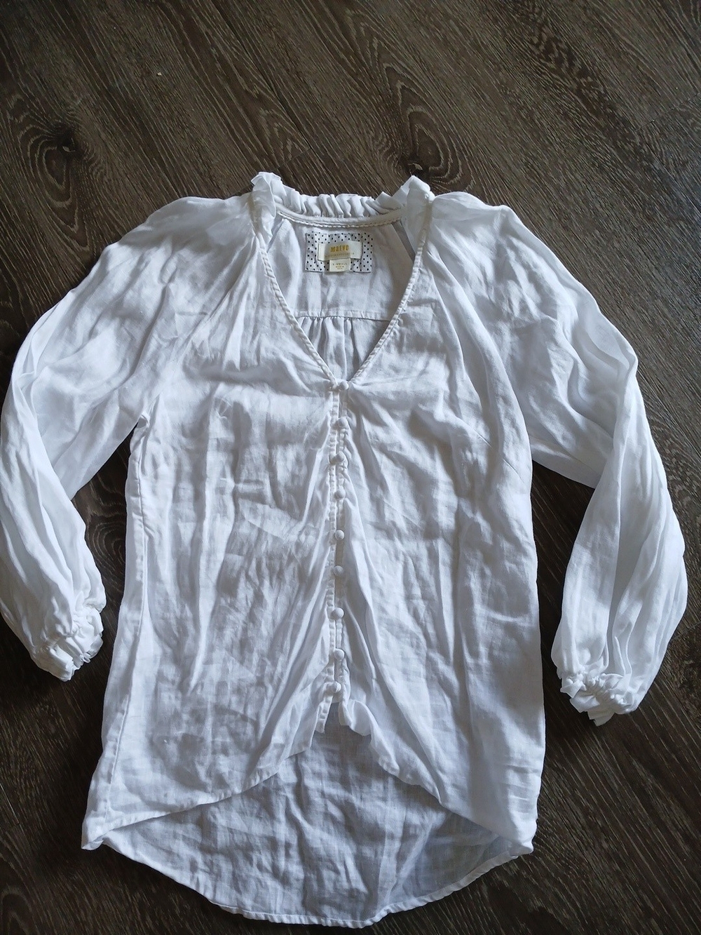Maeve White Button-Front Gauzey Linen Blouse Sz XS Ruffle Cuffs